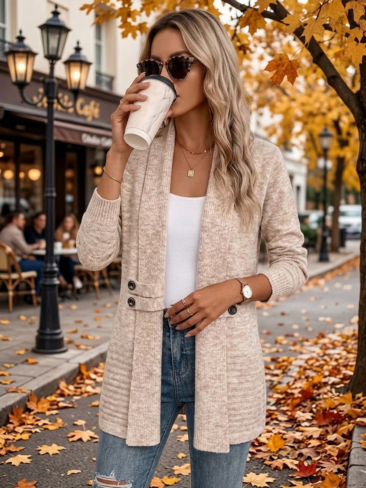 Harlow™ | Oatmeal Ribbed Knit Button-Tab Cardigan