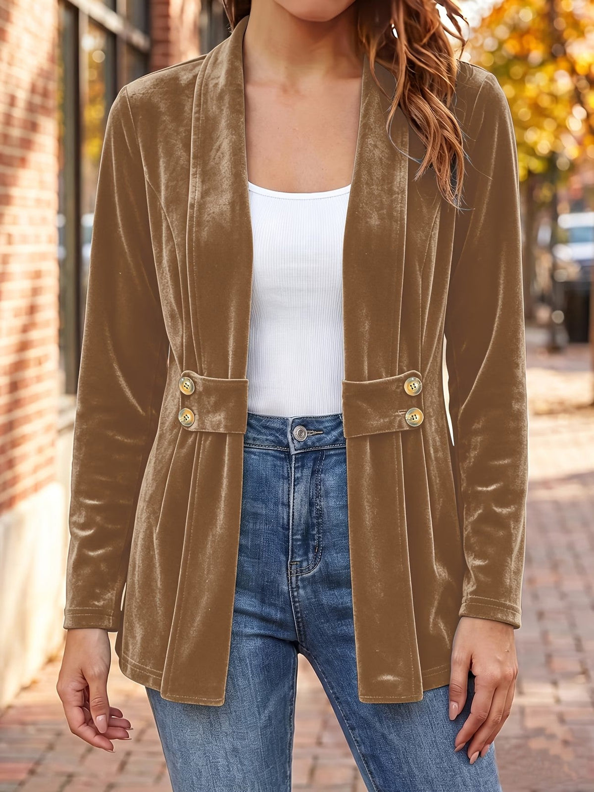 Sutton™ | Camel Velvet Button-Tab Cardigan